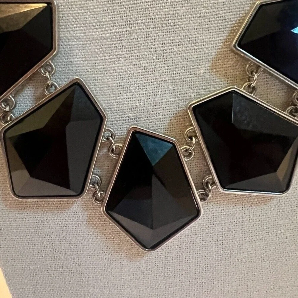 Chunky Black Geometric Statement Necklace Double Chain‎ Faceted Stones Edgy Glam